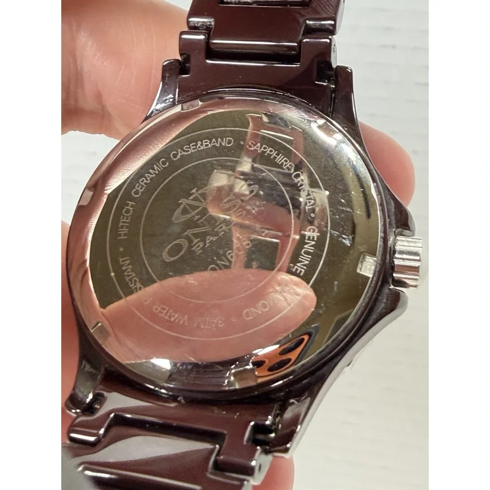 Oniss Paris Womens Watch Chocolate Ceramic Gemmed Date Sapphire Crystal